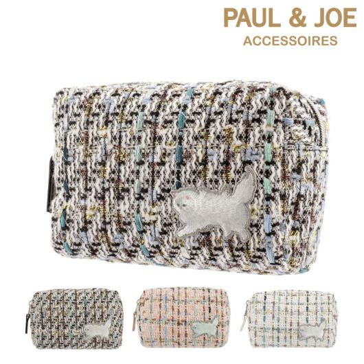 ポールアンドジョーアクセソワ 化粧ポーチ レディース ツイード・ジプシー<br> PJA-P1061 PAUL&JOE ACCESSOIRES ミニポーチ 猫 ラメ 刺繍 チェック マチ