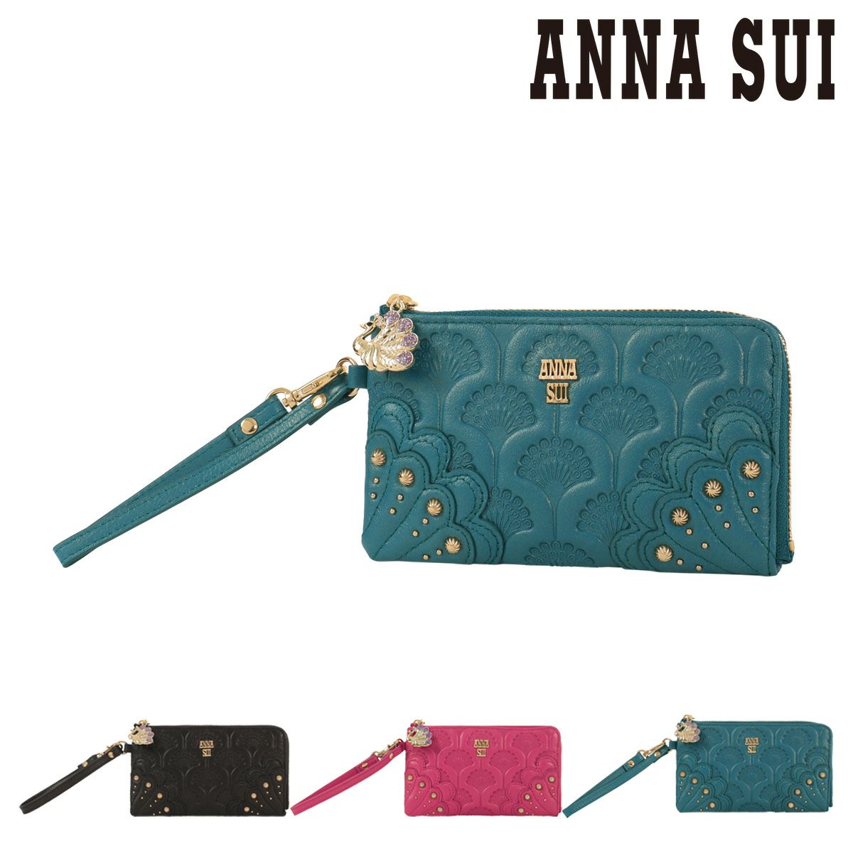 アナスイ フラグメントケース L字ファスナー ピーコック 本革  