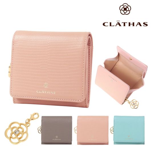 クレイサス 二つ折り財布 本革  レディース ペーシュ<br> 190292 CLATHAS | ミニ財布 リザード型押し カメリア 牛革 レザー