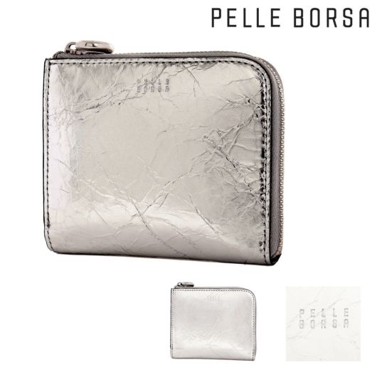 ペレボルサ 二つ折り財布 本革 L字ファスナー レディース <br>5825 グロウ PELLE BORSA コンパクト メタリック 折りたたみ 折り畳み 折り財布 ボックス型 イタリアンレザー 牛革 抗菌 防臭